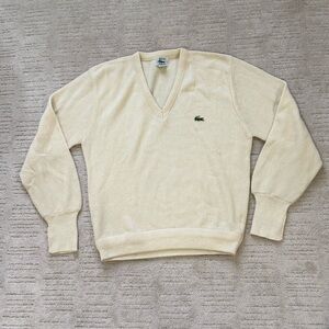 VTG Lacoste Men's V-Neck Sweater in Light Cream with Green Crocodile